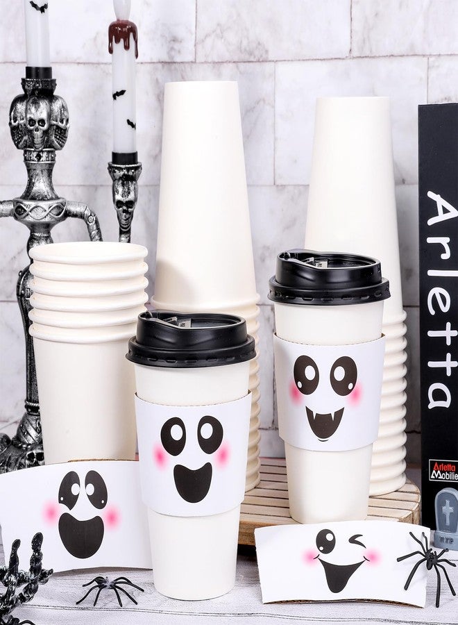 وولاين مجموعة أكواب قهوة ورقية من والين، 48 قطعة، بتصميم أشباح الهالوين، أكواب بيضاء لطيفة بتصميم شبح بو، سعة 16 أونصة، للاستخدام مرة واحدة، مع أغطية وأكمام، مناسبة للمشروبات الساخنة والباردة، لوازم حفلات أعياد الميلاد والعطلات، 4 تصاميم - Image 4